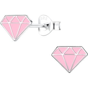 Joy|S - Zilveren diamant oorbellen - 8 x 6 mm - diamant vorm - roze - kinderoorbellen