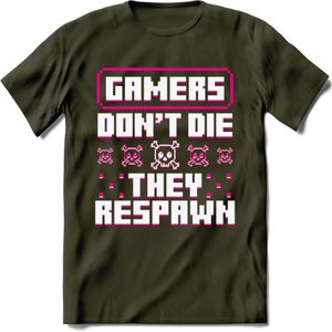 Gamers don't die pixel T-shirt | Roze | Gaming kleding | Grappig game verjaardag cadeau shirt Heren – Dames – Unisex | - Leger Groen - XXL