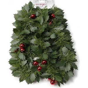 Groene kerst hulst/dennenslinger guirlandes met besjes 270 cm - Kerst hulstslinger guirlande met rode kerstballen