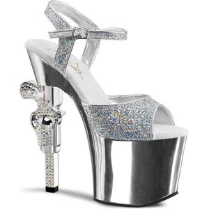 Pleaser - REVOLVER-709G Sandaal met enkelband, Paaldans schoenen - Paaldans schoenen - 40 Shoes - Zilverkleurig