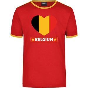 Belgium rood/geel ringer t-shirt Belgie vlag in hart - heren - Belgie landen shirt - Belgische supporter kleding S