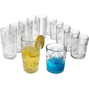 MamboCat Set van 12 STARLA longdrinkglazen & whiskytuimelaar reliëf