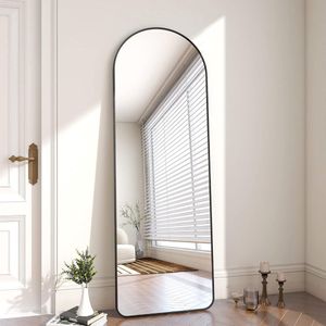 Gebogen topspiegel met ronde hoeken, 53 x 163 cm, full-body spiegel, groot, vrijstaand hangend, vloerspiegel als aankleedspiegel voor woonkamer, zwart