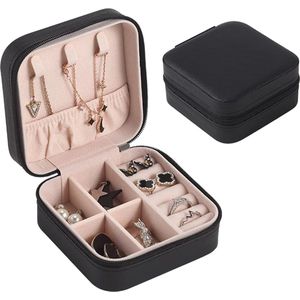 Sieradendoos Organizer, Reis Sieradendoos Kleine Sieraden Organisator PU-lederen Sieraden Reisetui voor Dames en Meisjes Ringen Oorbellen Ketting en Armbanden (Zwart)