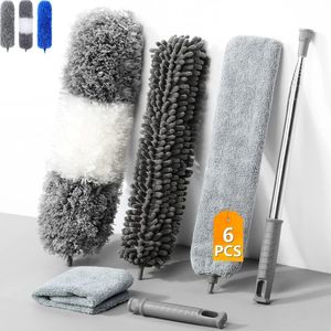 Telescopische Duster, Wasbaar, Duster, Telescopische Rod en Bendable Corner Broom (Grijs + Wit, 6)