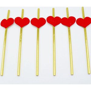 Gouden Papieren Rietjes met Rode Hartjes - Paper Straws - Feestje - Valentijnsdag - 6 stuks