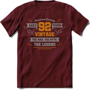 92 Jaar Legend T-Shirt | Goud - Zilver | Grappig Verjaardag Cadeau | Dames - Heren | - Burgundy - XXL