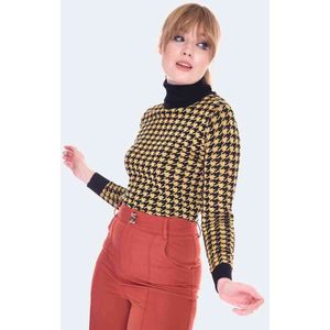 Voodoo Vixen - Mustard And Black Houndstooth Rollneck Sweater/trui - XL - Multicolours