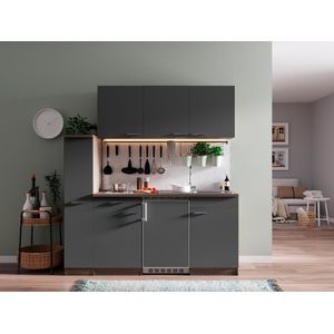 Goedkope keuken 180  cm - complete kleine keuken met apparatuur Oliver - Donker eiken/Grijs - keramische kookplaat  - koelkast  - mini keuken - compacte keuken - keukenblok met apparatuur