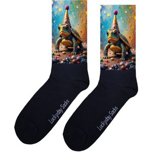 Feest schildpad - Valentijn sokken - Verjaardag Cadeau - Grappige sokken - Leuke sokken - Hem Haar sokken - Kunst sokken - Vrolijke sokken - Gefeliciteerd - Sinterklaas cadeau - Kerst cadeau - Leuk Cadeau - Socks maken Happy - Maat 37-44