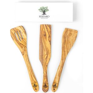 Hoogwaardige spatel in praktische 3-delige set van hoogwaardig olijfhout, spatula, keukenhulp van olijfhout, handgemaakt, krasbestendige spatel, ca. 30 cm