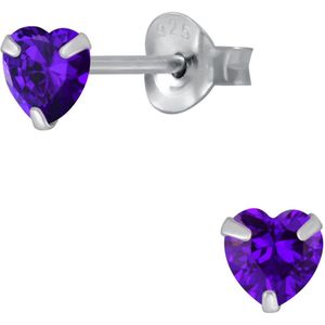 Joy|S - Zilveren hartje oorbellen - 4 mm kinderoorbellen - kristal violet paars