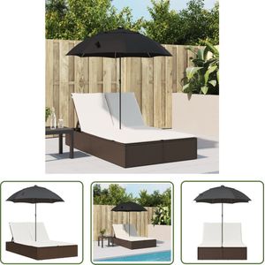 The Living Store Ligbed 2-persoons met kussens en parasol poly rattan bruin - Ligbed - Lounge Bed - Tuinset - Buitendrank - Tuinstoel
