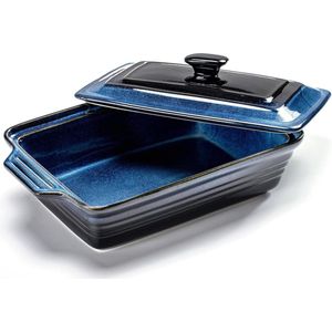 Stenen ovenschaal met deksel, grote keramische ovenschaal - 3 L, keramische braadschaal met handvatten voor lasagne, kookgerei cocotte voor de oven - reactieve glazuur blauw.