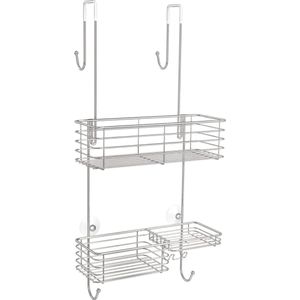 Doucheplank voor het ophangen van douchedeuren, geen boren badkamerplank met zeepschaal, praktische doucheplank om op te hangen, douchemand zuignap met 2 haken (zilver)