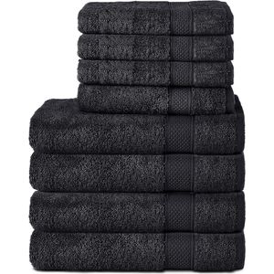 Set van 8 handdoeken van 100% katoen, 4 badhanddoeken 70x140 en 4 handdoeken 50x100 cm, badstof, zacht, handdoek, groot, zwart