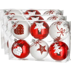 18x stuks gedecoreerde kerstballen rood en wit kunststof diameter 6 cm - Kerstboom versiering