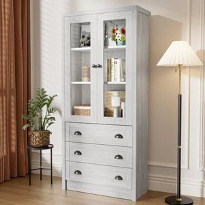 Moderne highboardkast 80x34x171 cm – houtlook met glazen deuren, 3 lades & koperen handgrepen – stijlvolle opbergruimte voor woonkamer, kantoor & hal