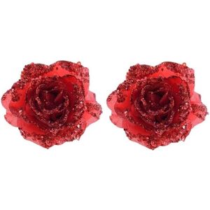 2x Rode glitter roos met clip - Kerst/kerstboom rode glitter rozen op clip 2 stuks