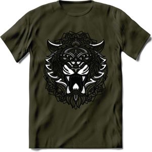 Tijger - Dieren Mandala T-Shirt | Grijs | Grappig Verjaardag Zentangle Dierenkop Cadeau Shirt | Dames - Heren - Unisex | Wildlife Tshirt Kleding Kado | - Leger Groen - L