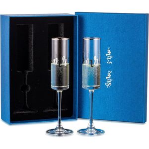 epersonaliseerde Kristallen Champagneflessen: Bruiloft Drinkglazen met Zilveren Rand voor Bruidegom Prosecco Flute Set van 2 met Geschenkverpakking voor Buiten Valentijn Kerstmis Verjaardag