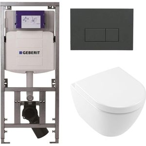 Villeroy & Boch Subway 2.0 compact DirectFlush Toiletset - Geberit reservoir - softclose - quickrelease - bedieningsplaat bedieningsplaat antraciet mat - rechthoekige knoppen - wit