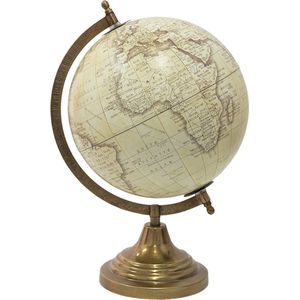 HAES DECO - Decoratieve Wereldbol met metalen messingkleurige voet - formaat 22x33cm - kleuren Bruin / Beige - Vintage Wereldbol, Globe, Aarbol