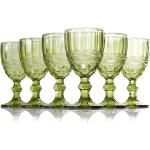 Gekleurde glazen kelk, set van 6, wijnglazen met reliëf, 10 oz verdikt wijnglas van glas, voor sapdrinken, bruiloft, wijnglas (kleur: groen, maat: serpentine)