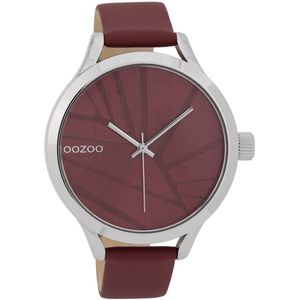 OOZOO Timepieces - Zilverkleurige horloge met bordeaux rode leren band - C9682