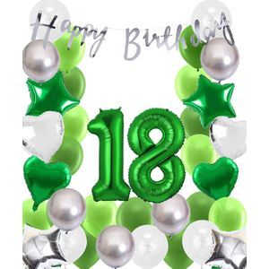 Snoes Ballonnen 18 Jaar Wit Groen Zilver Mega Ballon - Compleet Feestpakket 18 Jaar - Verjaardag Versiering Slinger Happy Birthday – Folieballon – Latex Ballonnen - Helium Ballonnen