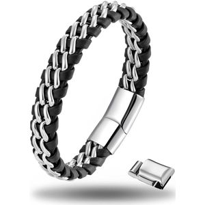 Armband zwart heren - staal Vito 19cm - Magnetische armband van Mauro Vinci 21cm - Verstelbaar in lengte - Armband leer met geschenkverpakking