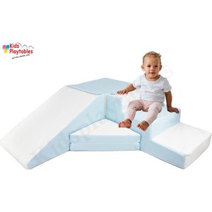 Zachte Soft Play Foam Blokken 4-delige set glijbaan met trap blauw-wit | grote speelblokken | motoriek baby speelgoed | foamblokken | reuze bouwblokken | Soft play peuter speelgoed | schuimblokken