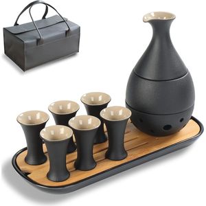 Sake Set Japans Traditioneel, Sake Rijstwijn, Karaf (170 ml) met 6 Sake Bekers (25 ml) voor Warme of Koude Japanse Soju met Serveer Bamboe Dienblad Cadeau Sets 10 Stuks/Set