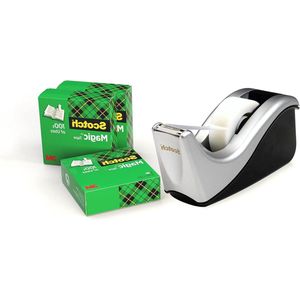 Plakbanddispenser met Scotch Magic plakband - navulbaar en geschikt voor school thuis en op kantoor - zilver/zwart Magic Tape Dispenser