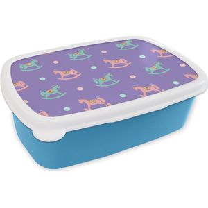 Broodtrommel Blauw - Lunchbox - Brooddoos - Hobbelpaard - Patronen - Geboorte - 18x12x6 cm - Kinderen - Jongen