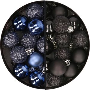 Kerstballen 34x st - 3 cm - donkerblauw en zwart - kunststof