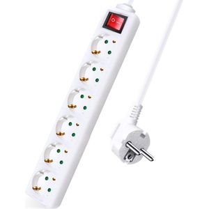 Stekkerdoos Met 6 Stopcontacten En Schakelaar, 5 m Kabel, Voor Thuis, Kantoor En Reizen – 16 A, 250 V, 3680 W – Wit