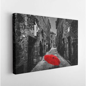 Umbrella on dark narrow street in an old Italian town in Tuscany, Italy. Raining. Black and white with red - Modern Art Canvas - Horizontal - 370478354 - 50*40 Horizontal