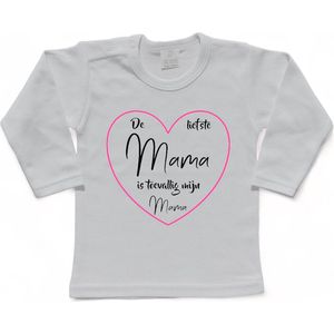 T-shirt Kinderen ""De liefste mama is toevallig mijn mama"" Moederdag | lange mouw | Wit/roze/zwart | maat 98