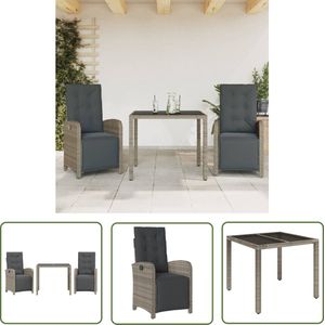 The Living Store 3-delige Bistroset met kussens poly rattan grijs - Tuinmeubilair - Bistroset - Lounge Set - Buitendecoratie - Terrasdecoratie