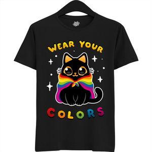 Schattige Pride Vlag Kat - Unisex T-Shirt Mannen en Vrouwen - LGBTQ+ Suporter Kleding - Gay Progress Pride Shirt - Rainbow Community - T-Shirt - Unisex - Zwart - Maat L