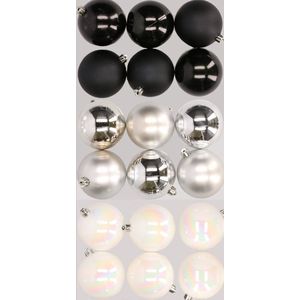 18x stuks kunststof kerstballen mix van zwart, parelmoer wit en zilver 8 cm - Kerstversiering