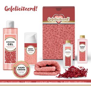 Geschenkset ""Gefeliciteerd"" - 6 producten - 650 gram | Giftset voor haar - Luxe wellness cadeaubox - Cadeau vrouw - Set Gefeliciteerd - Geschenk jarige - Cadeaupakket moeder - Schoonmoeder - Oma - Vriendin - Zus - Verjaardagscadeau - Geslaagd - Roze