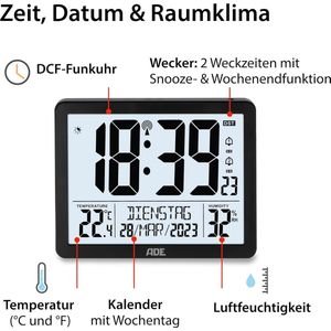 Digitale XL radiografische klok met zeer grote cijfers, tafelklok wandklok met 2 wektijden en verlichting, thermometer hygrometer, smal frame in mat zwart