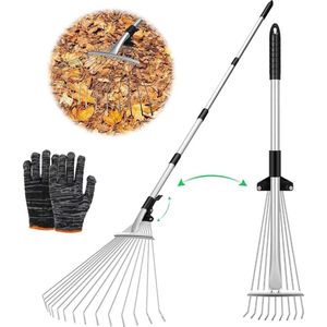 Verstelbaar met handvat 215 cm, ventilatorbezem bladbezem, metalen bladhark met handschoenen, tuinhark, tuinhark, bladventilator, gazonhark voor het reinigen van planten, gazon en tuin