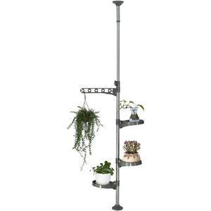 Binnen Plant Standaard Paal Spanning Stang Hoek Staande Plank Verstelbare Bloempot Houder Display Rek met 1 Haak & 3 Trays - Grijs