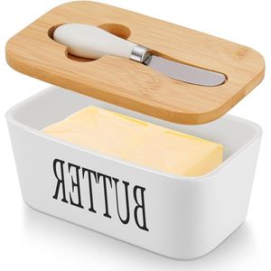 Keramische botervloot - multifunctionele emaille boterboot met houten deksel - hoogwaardige botercontainer met siliconen afdichtlip - 250 g boter - wit butter dish with lid