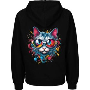 Hoodie met vrolijke print-Zwart-Trui met capuchon cool cat met zonnebril-Maat 122/128