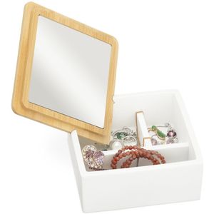 Navaris sieradendoos met bamboe deksel - Juwelendoos met spiegel en 3 vakken - Multifunctionele opberger met spiegel voor sieraden en accessoires