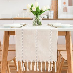 Tafelloper beige boho polyester geurneutrale tafelloper landelijke stijl tafelloper met kwastjes 180 x 32 cm, ivoor